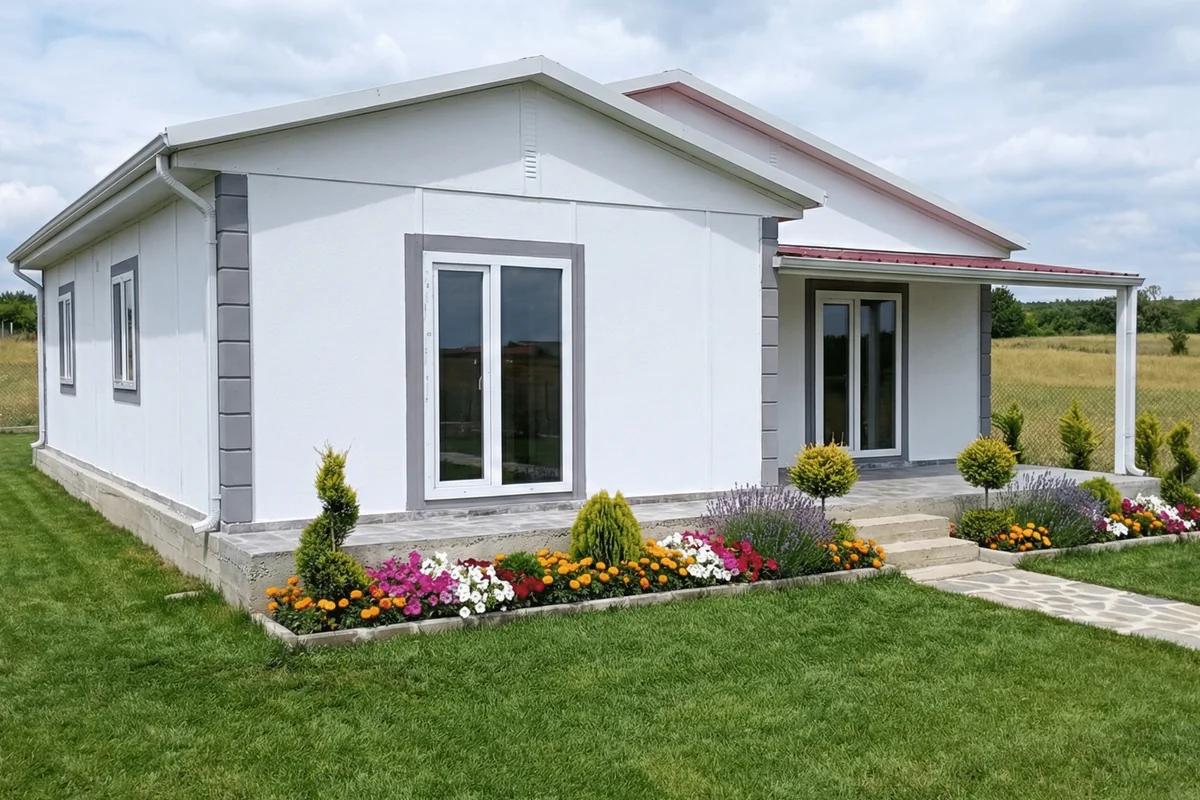 Çiçekli bahçede beyaz prefabrik ev